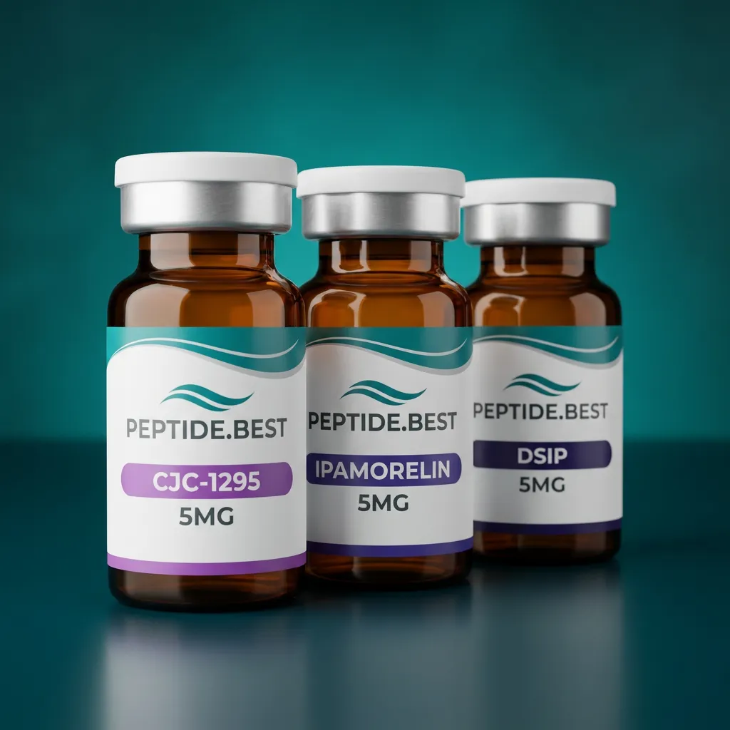 Sleep + GH Pulse Stack — CJC-1295, Ipamorelin, and DSIP vials on Peptide.best
