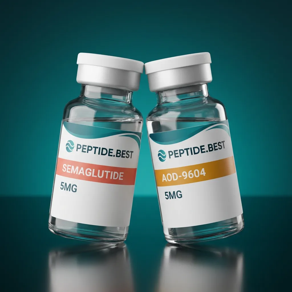 Weight Loss Stack — Semaglutide and AOD-9604 vials on Peptide.best